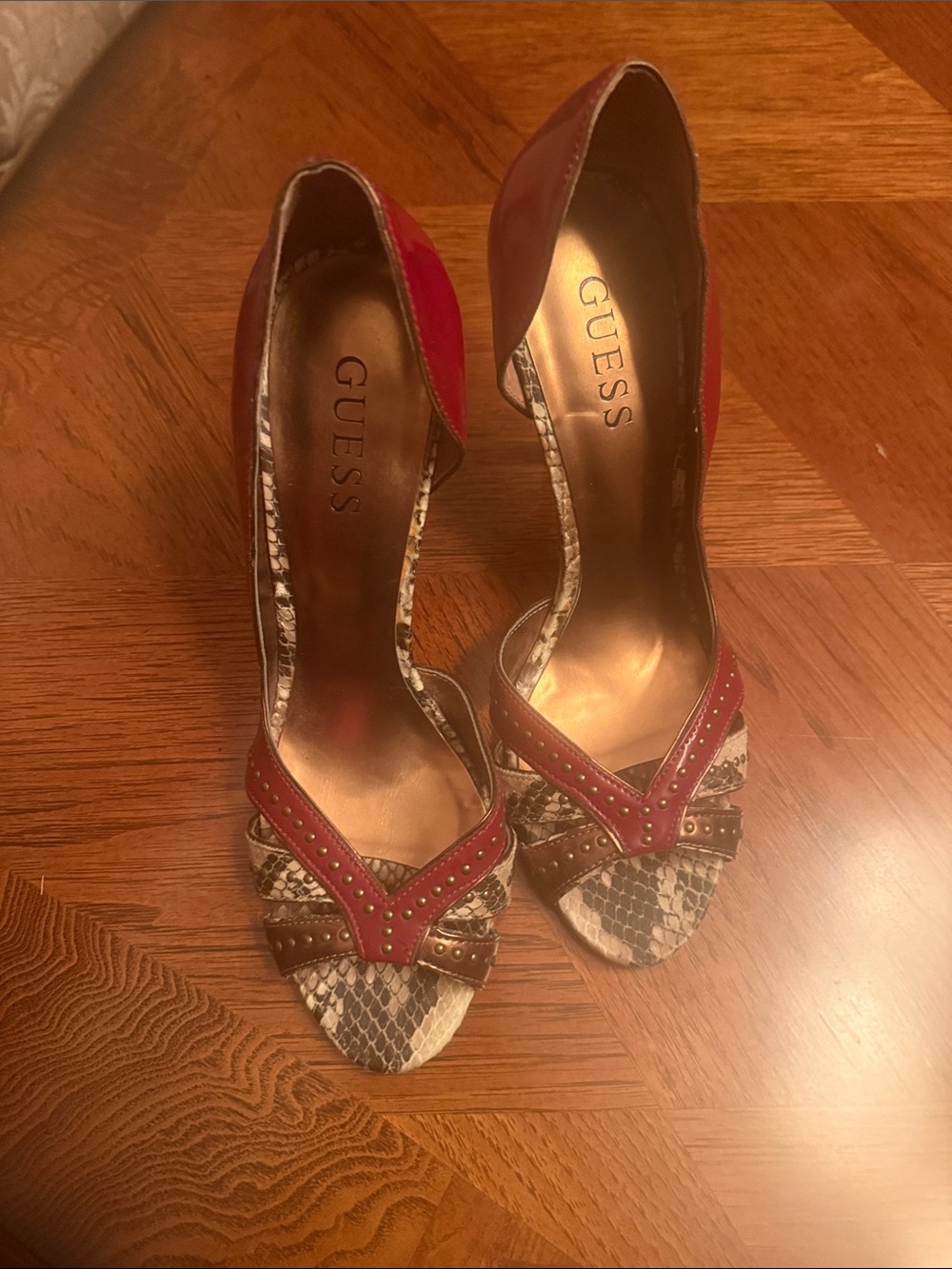 GUESS Red & Snake-Print Peep-Toe Heels
